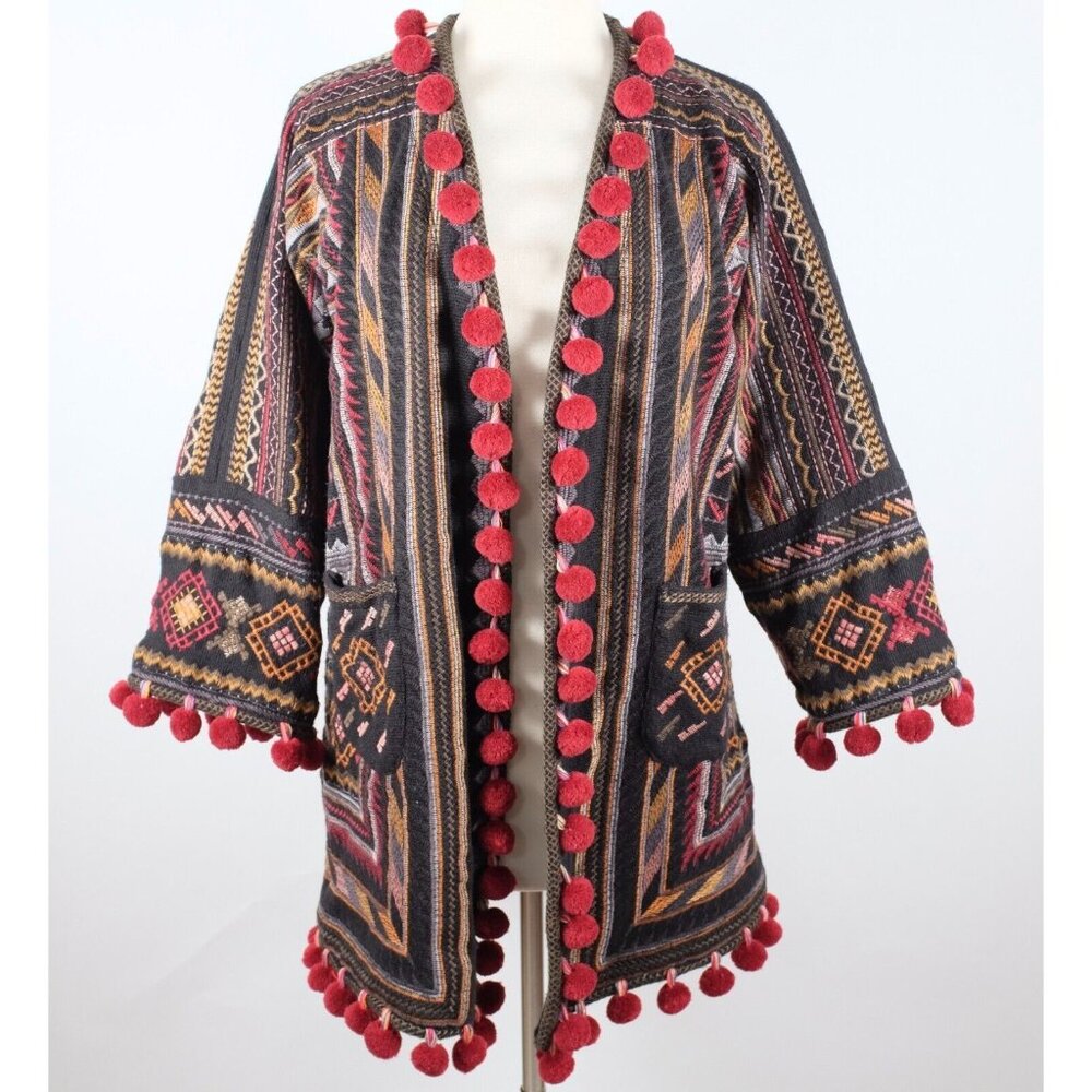 Biya Johnny Was robe jacket sz XS embroidered black red tassels pom pom pockets